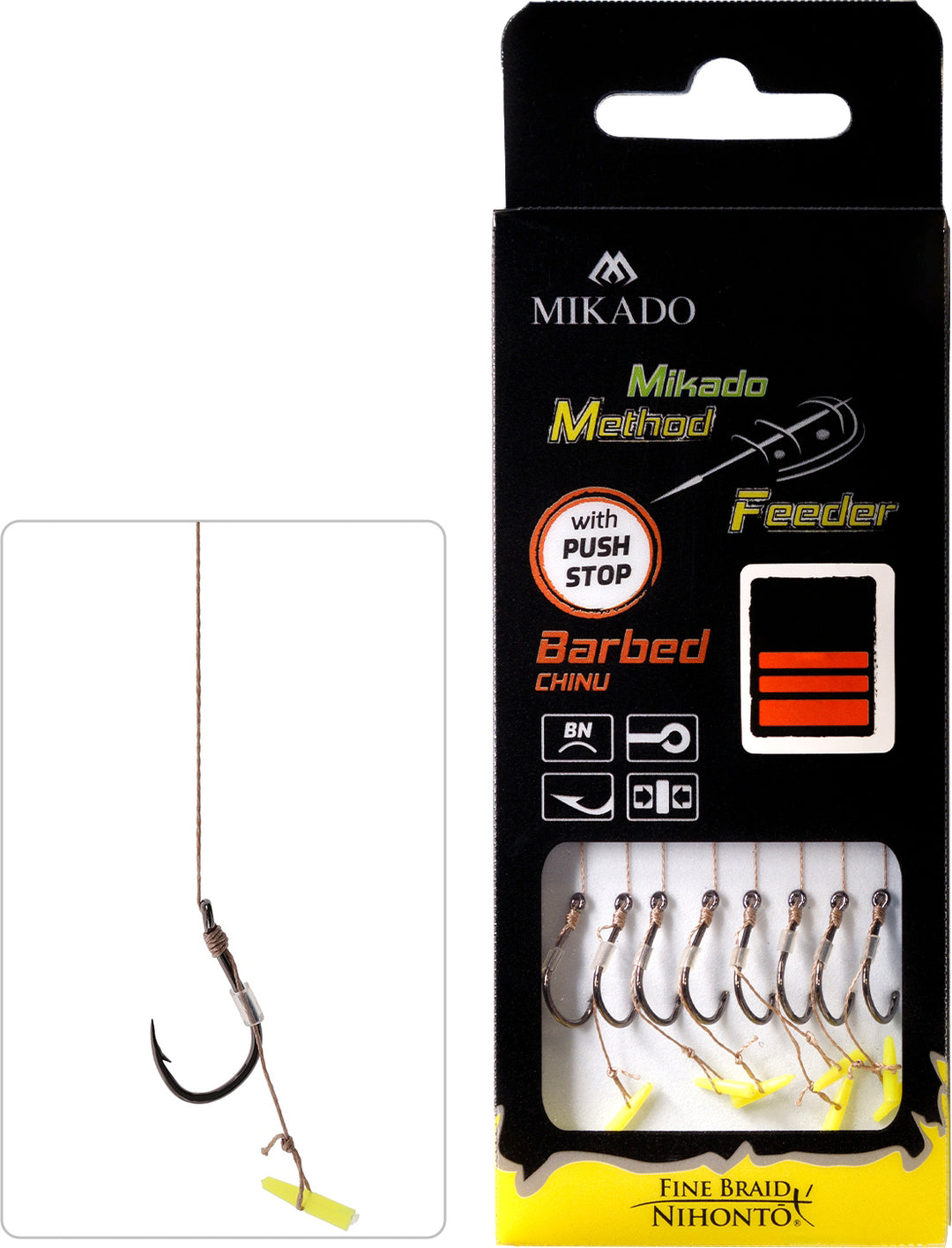 METHODE FEEDER RIG - MIT PUSH STOP - HAKEN MIT WIDERHAKEN GRÖSSE 8 / geflochtene Schnüre: 0.14mm/10cm - 8 Stck.